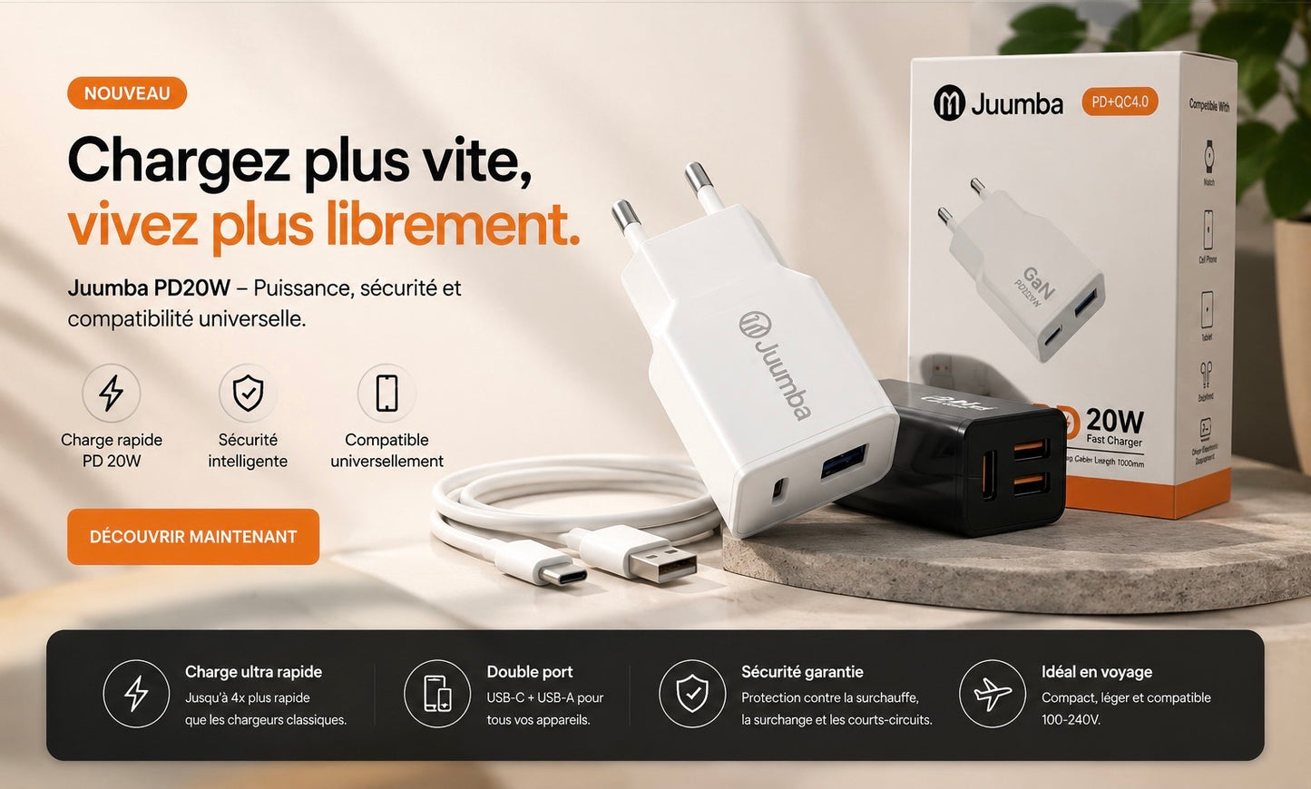 Chargeur USB-C ultra mince 20W