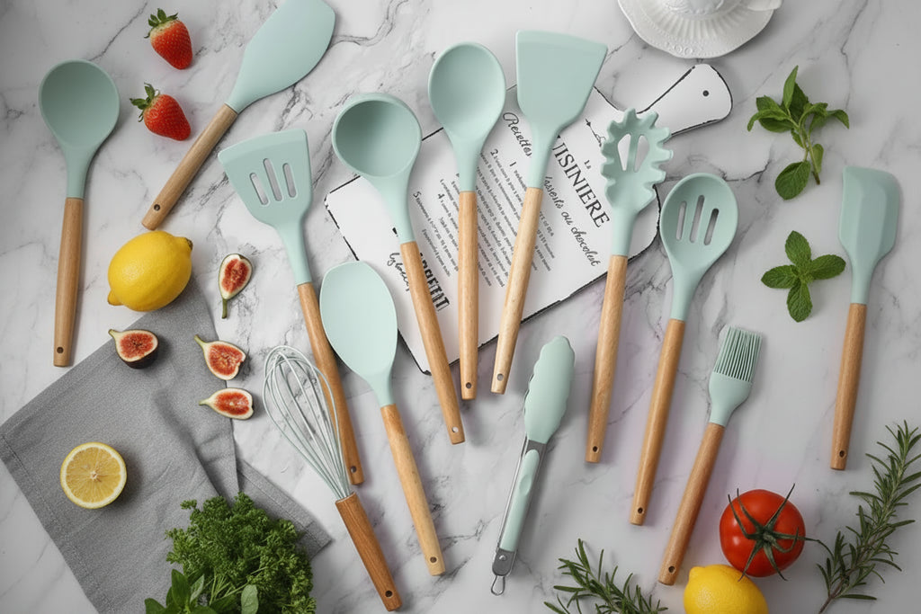 VIOLET Set de 12 ustensiles de cuisine en silicone antiadhésif.